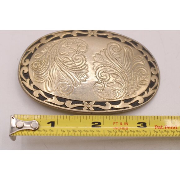 Western Scroll Ornate Filigree Belt Buckle Engraved Black Edge Gold Tone Vintage - Picture 7 of 9